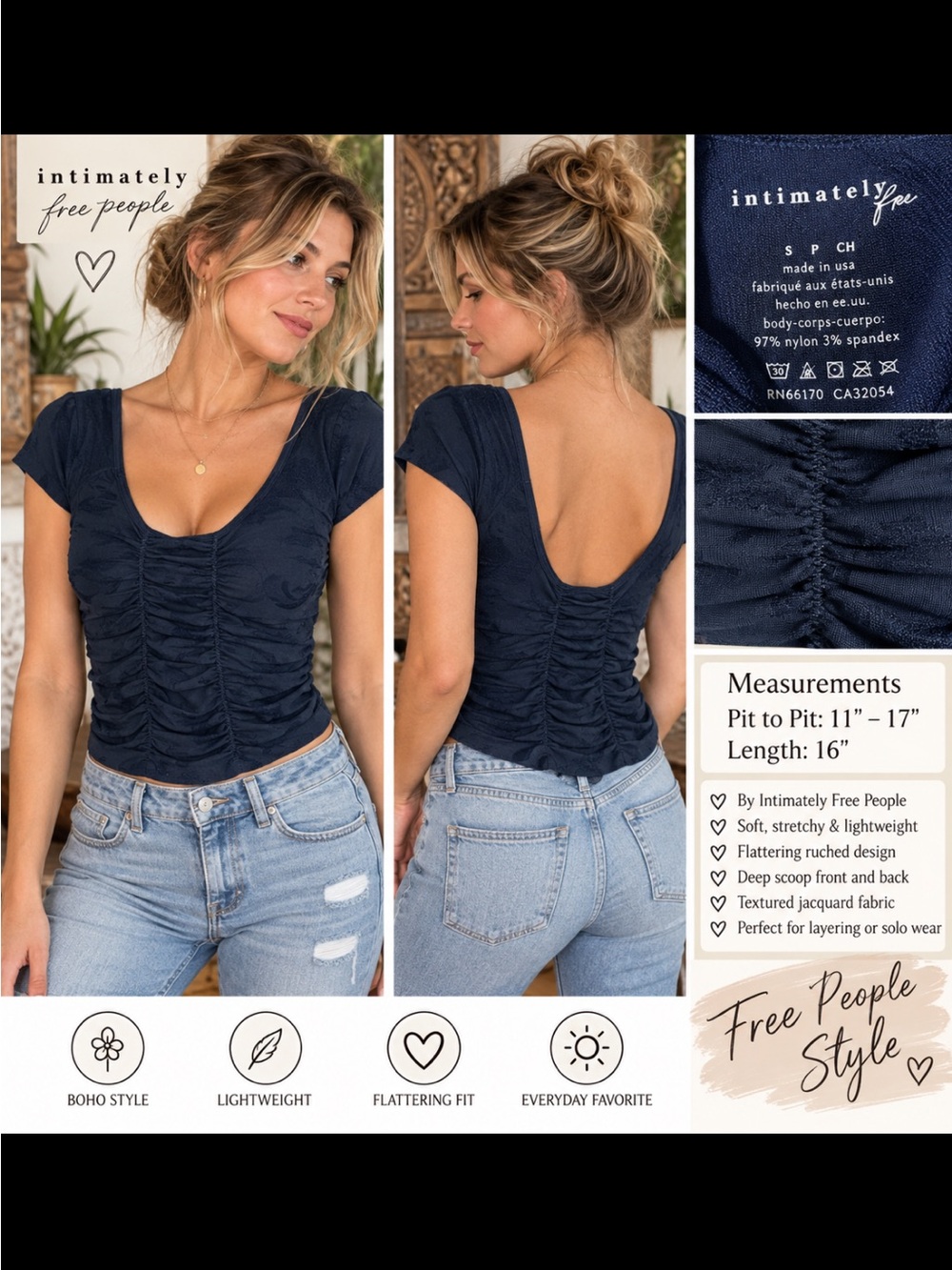 Intimately Free People Navy Ruched Scoop-Back Crop Top